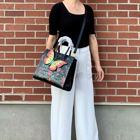 Hand Painted Genuine Leather Floral Embossed with 3D Butterfly Handbag - Picture 8 of 16